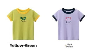 Flat lay of cotton kids' t-shirts in yellow-green and lilac with panda and bear prints