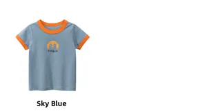 Detail of light blue cotton kids T-shirt with orange penguin print and ribbed neckline