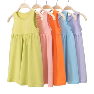 Vestito Senza Maniche in Cotone per Ragazze Estivo Tinta Unita a Trapezio Pieghettato Girocollo Casual per Bambini