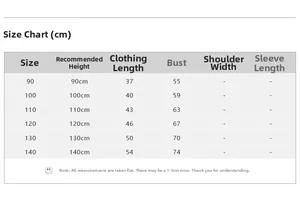 Detailed size chart for girls' summer T-shirt showing length and bust measurements