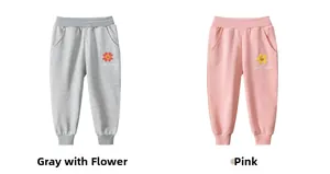 Detail of girls' joggers in heather grey and pink with sunflower embroidery on the leg