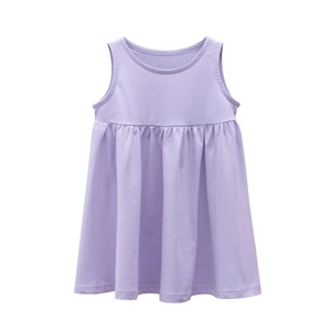 Abito smanicato da bambina color lavanda in cotone con vita alta e gonna a pieghe