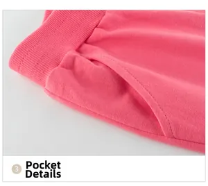 Detail of girls' pink sports pants showing the elastic waistband and pocket stitching