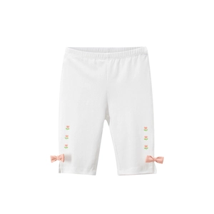 Leggings bianchi in cotone per bambine con ricami floreali rosa e fiocchi applicati