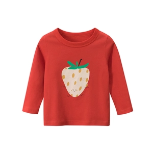 Girls long sleeve cotton T-shirt in bright red with a cute cartoon strawberry print