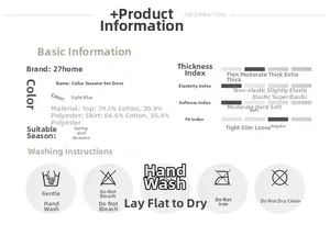 Size and material chart for light blue girls knitted sweater and skirt set in cotton blend