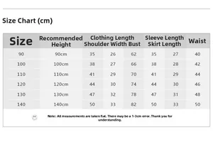 Detailed size guide in cm for girls' knitted sweater and skirt set, sizes 90 to 140