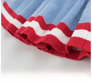 Detail of girls' pleated knit skirt showing red, white, and blue striped hem texture