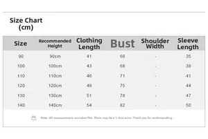 Size guide for children knit cardigan with measurements in cm for sizes 90 to 140