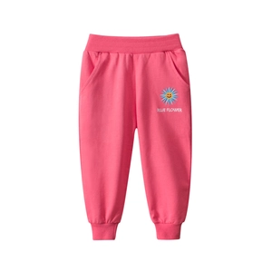 Girl's bright pink joggers with elastic waist and blue sunflower smile embroidery