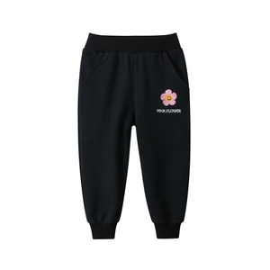 Girls' casual black joggers featuring pink flower embroidery and a stylish elastic cuff design