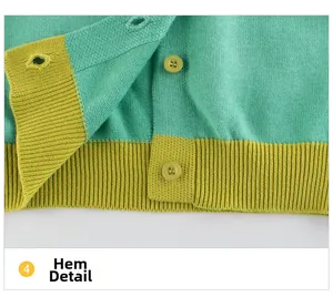 Detailed macro view of mint and olive green knitted cardigan hem with texture