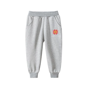 Girls gray cotton joggers featuring red flower embroidery and elastic cuffs for kids