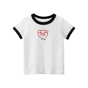 White ringer t-shirt for girls featuring a red cartoon pig print and black contrast collar
