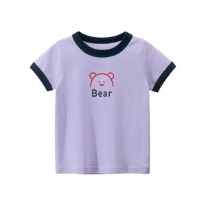 Short sleeve light purple cotton T-shirt with navy contrast trim and bear print