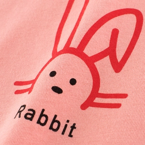 Pink cotton t-shirt for girls featuring a cute red cartoon rabbit and Rabbit typography