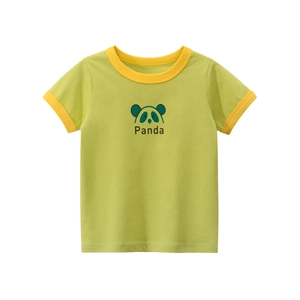 Kids green cotton T-shirt with yellow trims and a cute panda print on white background