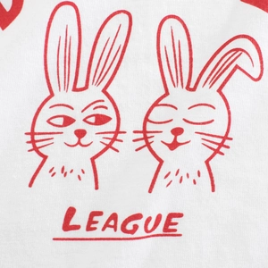 White cotton t-shirt for girls featuring red cartoon bunny print and League text