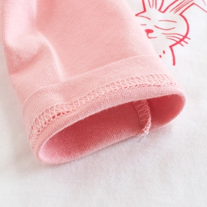 Pink and white cotton kids long sleeve tee with red rabbit print and ribbed cuffs