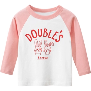 Girl's long-sleeve raglan T-shirt with pink sleeves and cute rabbit graphic print