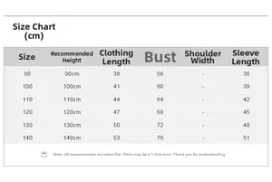 Size chart showing height, length, bust and sleeve measurements for children's tops