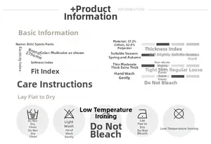 Size chart and fabric details for girls cotton sports joggers showing material composition
