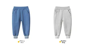 Detail of navy blue and heather grey kids joggers with ribbed cuffs and white stripes