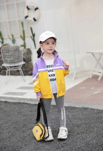 Girl's purple and yellow color-block zipper jacket set with grey leggings and white tee