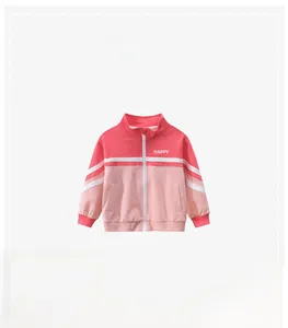 Detail of pink color-block kids zipper jacket with rib-knit cuffs and HAPPY print