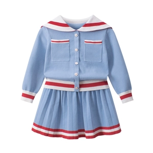 Girls Sailor Collar Knitwear Sweater And Pleated Skirt Korean School Academy Outfit Cotton Blend Light Blue Kids Clothes