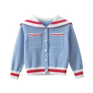 Girls' light blue nautical knit cardigan with sailor collar and red striped trim
