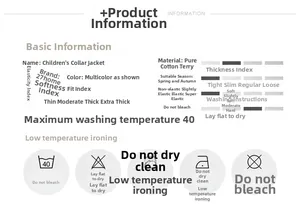 Size chart showing 100% cotton kids jacket specifications and washing instructions