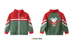 Detail of kids' zip jacket in artemisia green and red with cartoon mouse and HAPPY text