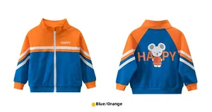 Detail of blue and orange color-block kids jacket with HAPPY print and cartoon mouse