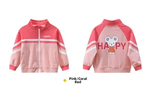 Detail of pink and coral cotton zip-up hoodie featuring cartoon mouse and Happy prints