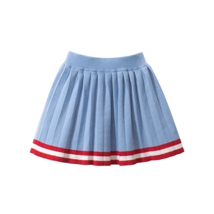 Light blue knitted pleated skirt for girls with red and white contrast striped hem