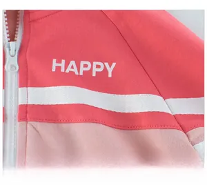 Detail of pink zip-up sweatshirt featuring white HAPPY print and high-quality stitching
