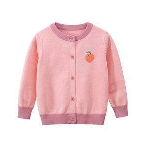 Pink knitted baby cardigan with cute peach embroidery and ribbed cuffs on white background