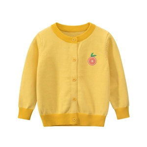 Bright yellow toddler knit cardigan with cute orange fruit embroidery on plain white background
