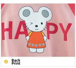 Close-up of pink cotton jacket back print with HAPPY letters and cartoon mouse