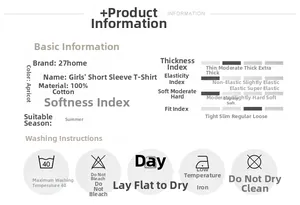 Tableau des tailles et détails du t-shirt 27home en coton avec conseils de lavage