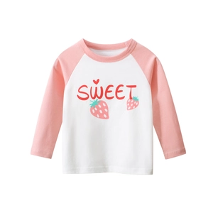 Maglietta Ragazza Cotone Maniche Raglan Lunghe Stampa Fragola Cuore Dolce Stile Coreano Top Bambina
