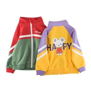 Childrens Cotton Zipper Jacket Color Block Cartoon Mouse Print Casual Sporty Outerwear Coat Boys Girls