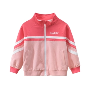 Girl's pink sporty zip-up jacket with HAPPY print and ribbed cuffs in a casual style