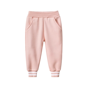 Toddler girls soft pink fleece sweatpants with ribbed waistband and white striped cuffs