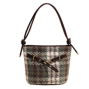 Retro British style plaid wool bucket bag with brown leather trim and gold metal hardware