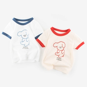 T-Shirt à Manches Courtes en Coton pour Enfants Imprimé Chien Ringer Tee Contrasté pour Filles Garçons Été Décontracté Top