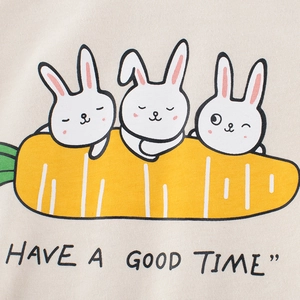 Short sleeve cream cotton T-shirt featuring cartoon rabbits and Have A Good Time print