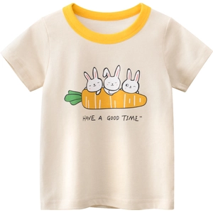 Short sleeve cream cotton T-shirt for girls featuring cute rabbits on a carrot graphic