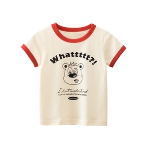 Meisjes Casual Korte Mouw T-Shirt 100% Katoen Ringer Tee Contrasterende Ronde Hals Cartoon Beer Print Zomer Top Voor Kinderen